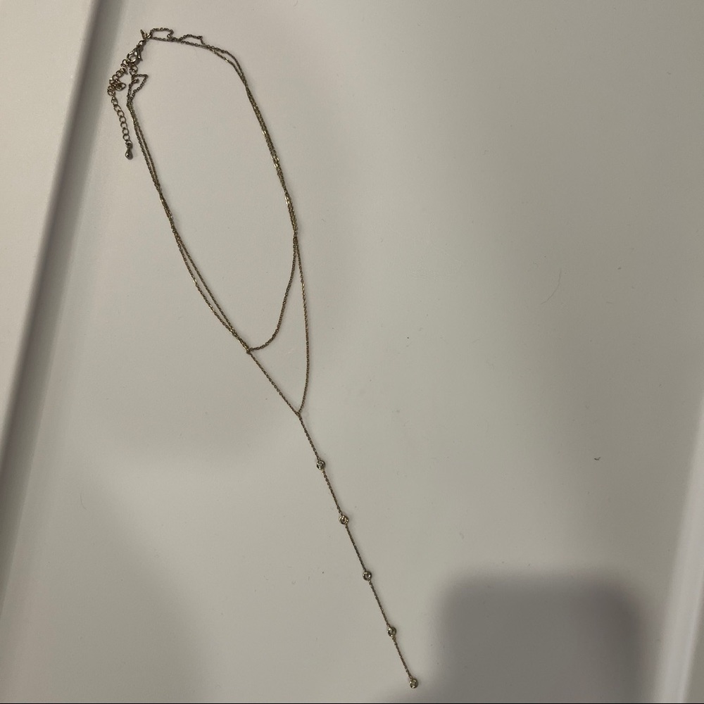 Gold Long Layered Necklace White Gems